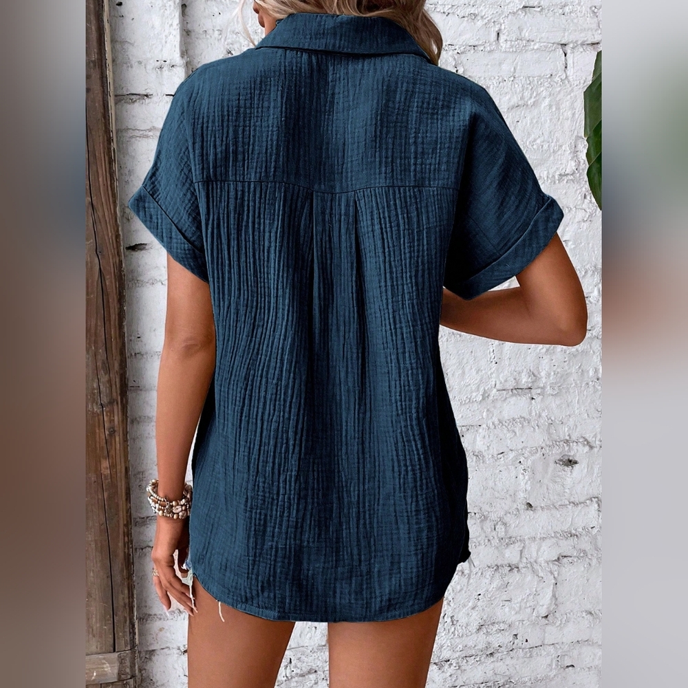 NWT - Boutique - Cotton Dark Blue Textured Button Up Short Sleeve Shirt - Size L - Picture 2 of 13